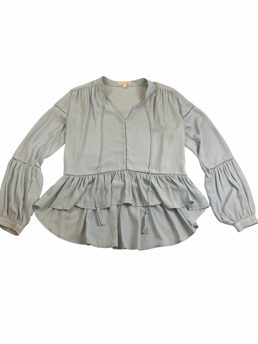 Gianni Bini Powder Blue Tiered Peasant Blouse with Tassels